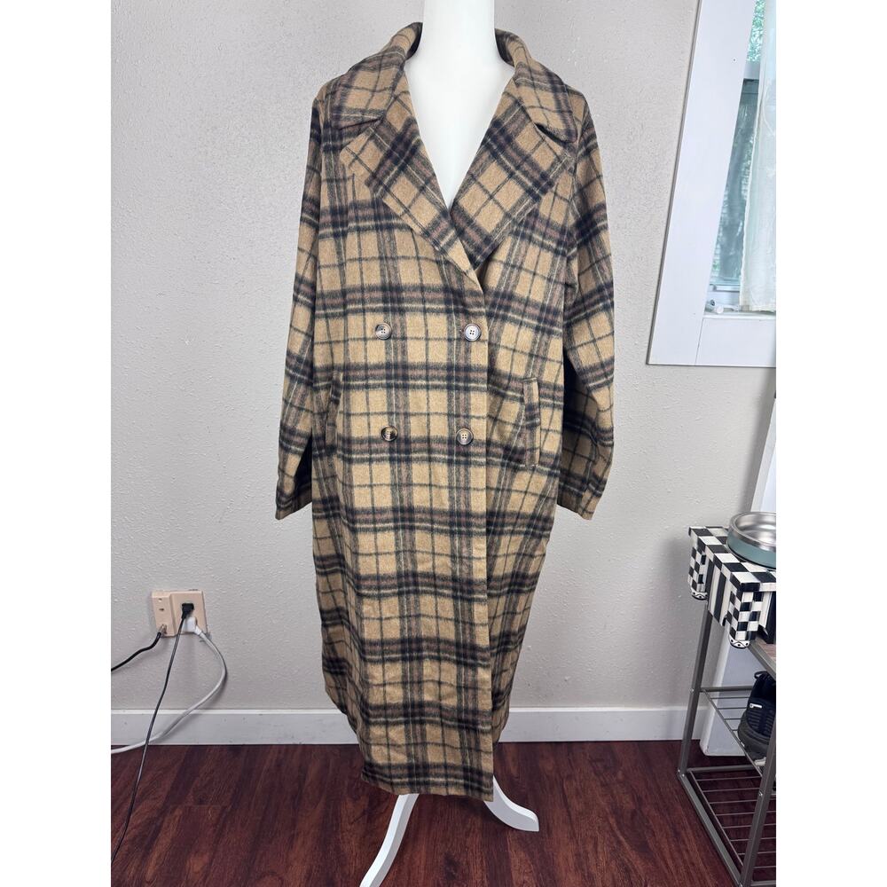 Easel Women's brown plaid double-breasted long jacket size large